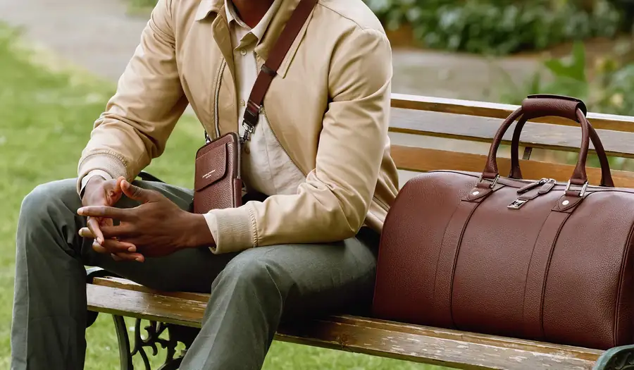 Leather crossbody bag and holdall on a park bench