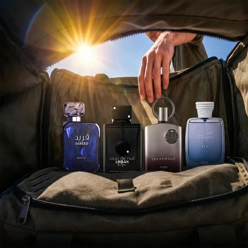 Fragrance bottles in a travel bag