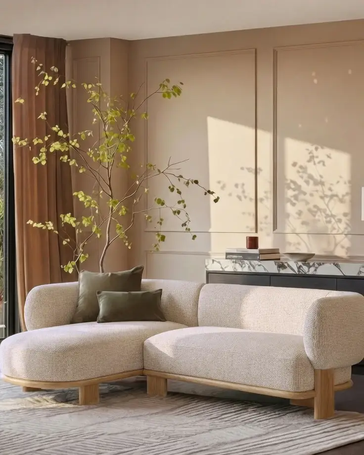 Modern living room with sofa and indoor tree